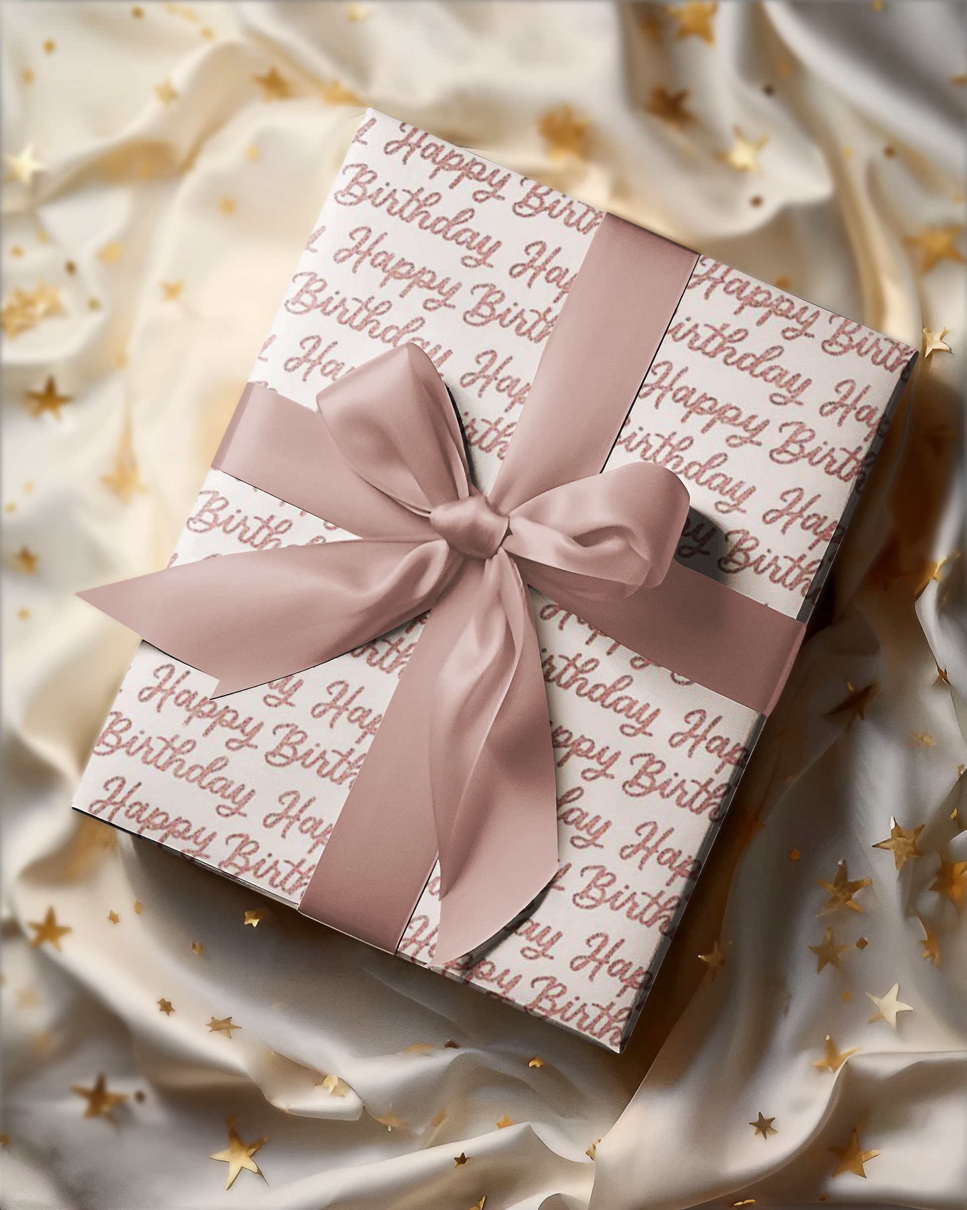 Gift box with 'Happy Birthday' text and a pink ribbon on a star-patterned fabric background