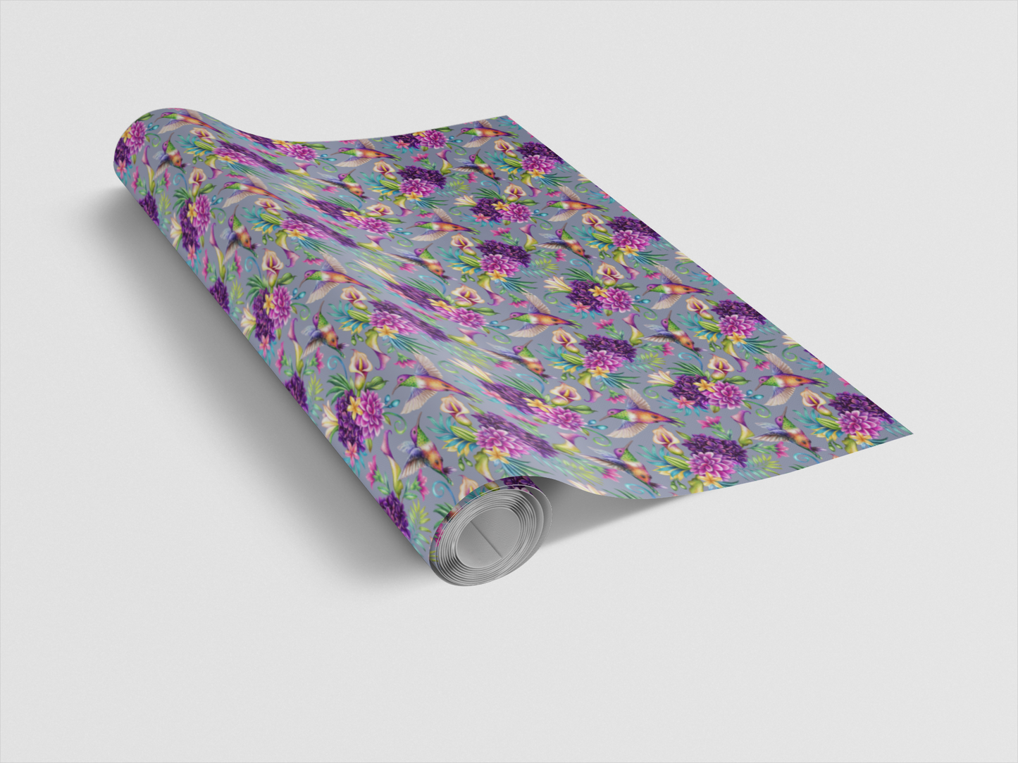 Roll of floral-patterned paper on a light gray background