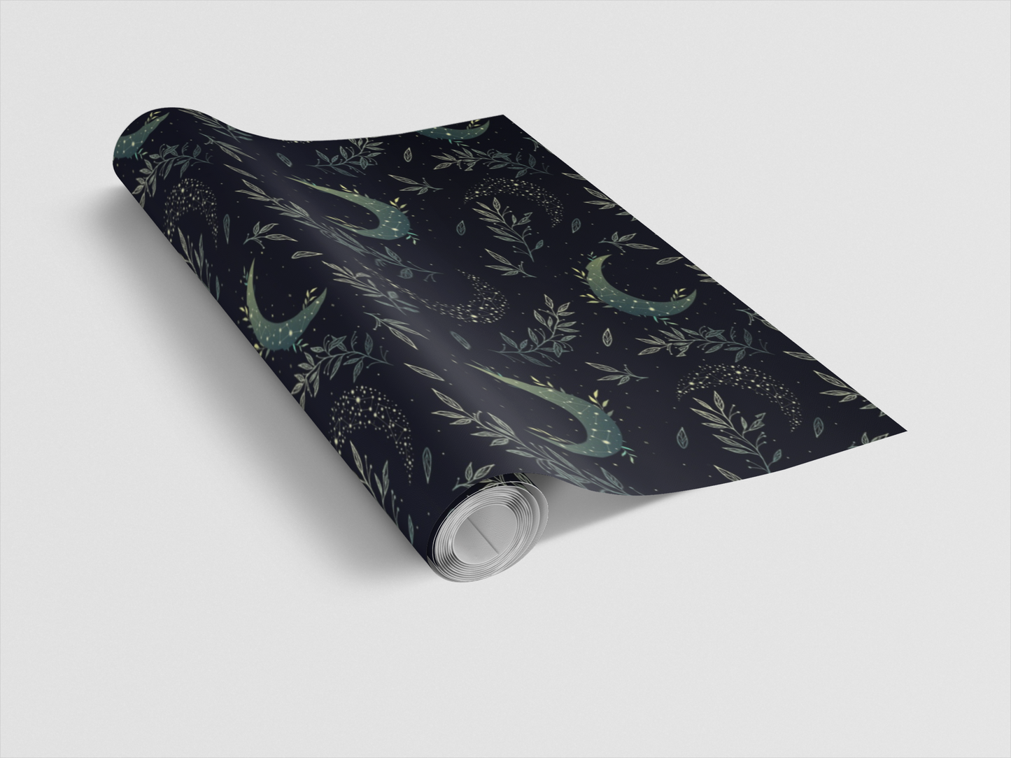 Roll of decorative paper with dragon and moon design on a white background