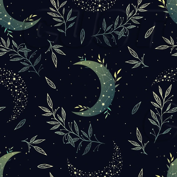 Pattern of crescent moons and leaves on a dark background with stars.