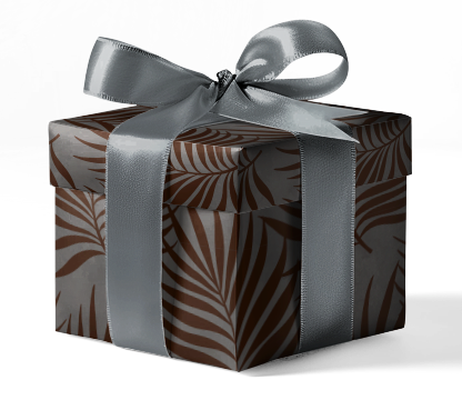 A gift box wrapped in black and brown animal patterned wrapping paper with a gray ribbon.