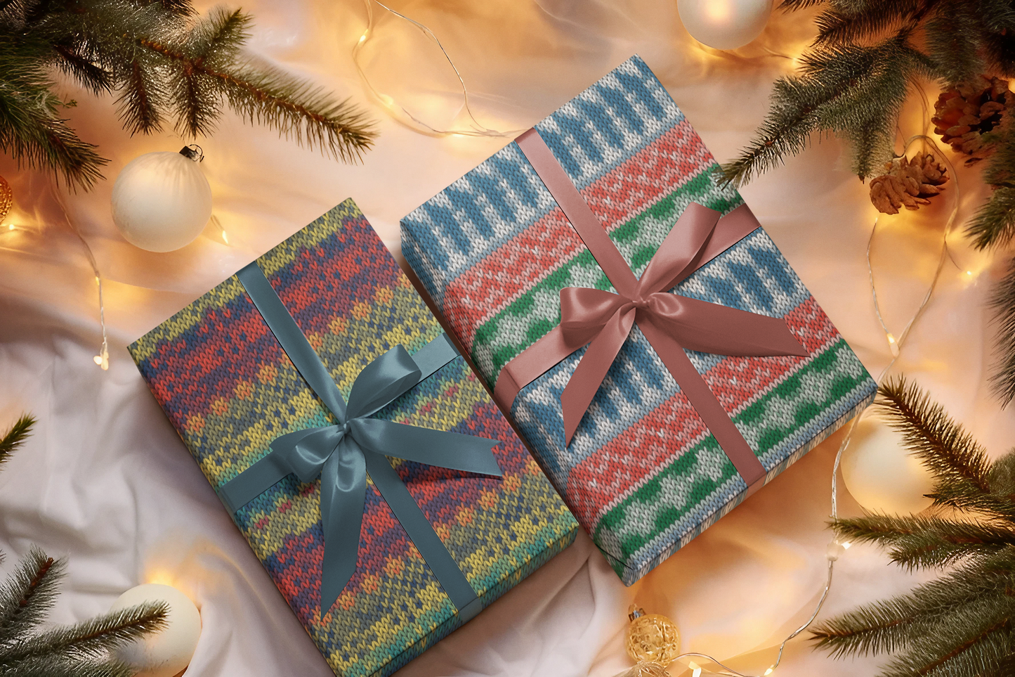 Two patterned gift boxes with ribbons under a Christmas tree with lights and ornaments.