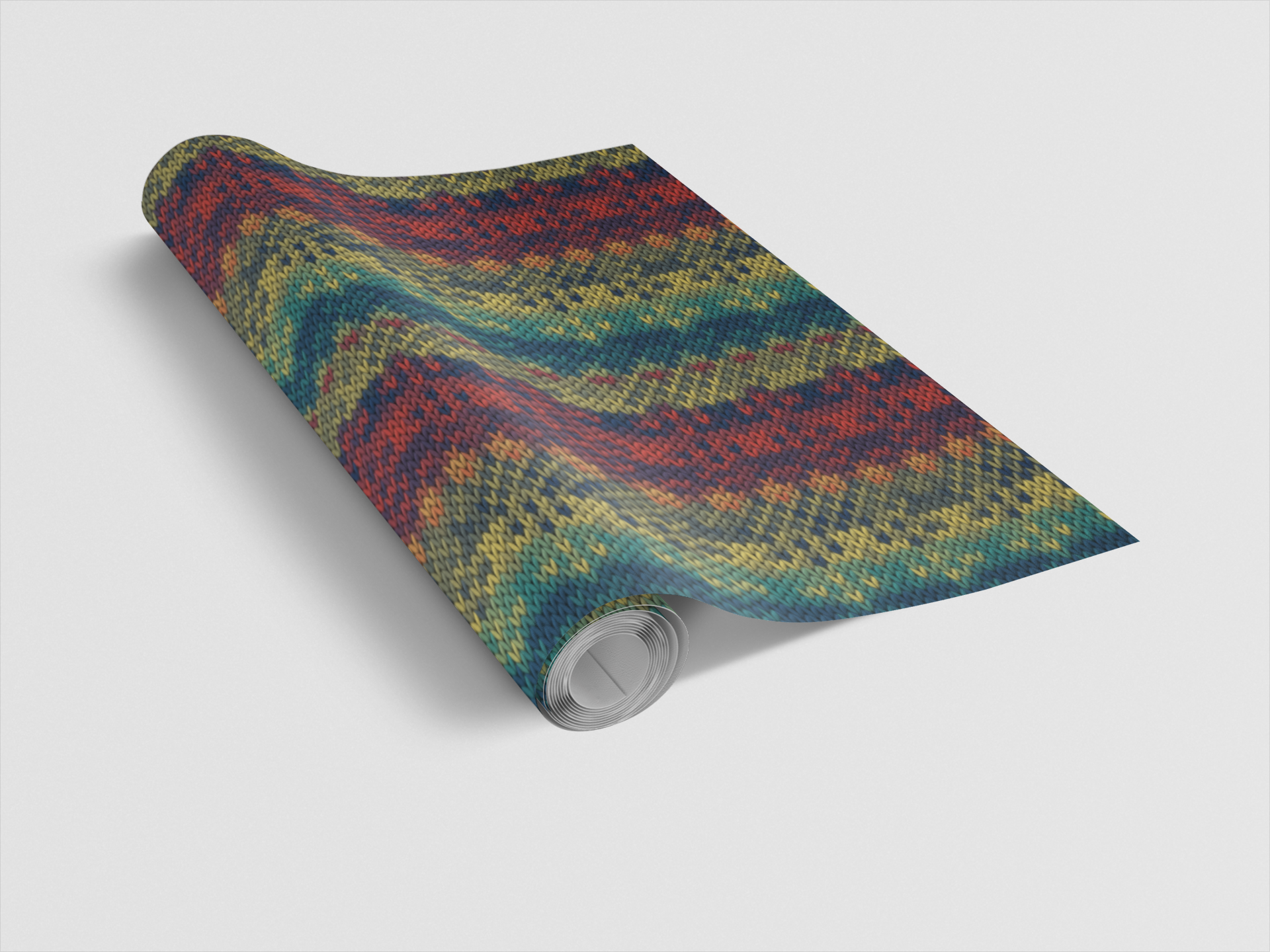 Roll of colorful fabric with a pattern on a white background