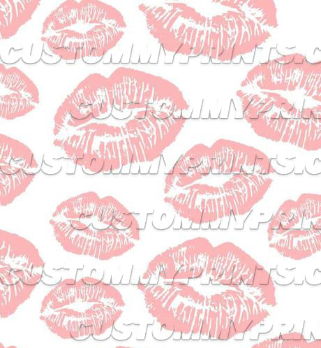 Pattern of pink lipstick kisses on a white background with 'Custom Prints' watermark.