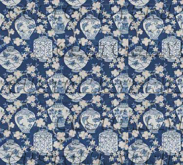 Pattern of blue and white ceramic jars and flowers on a blue background