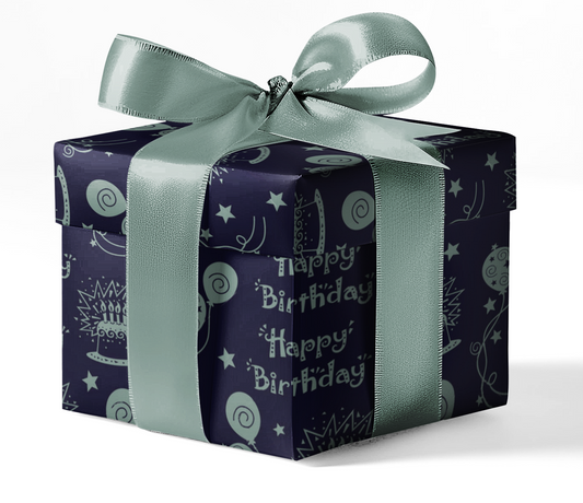 A gift wrapped in custom wrapping paper with a birthday theme, including decorations and text, tied with a ribbon.