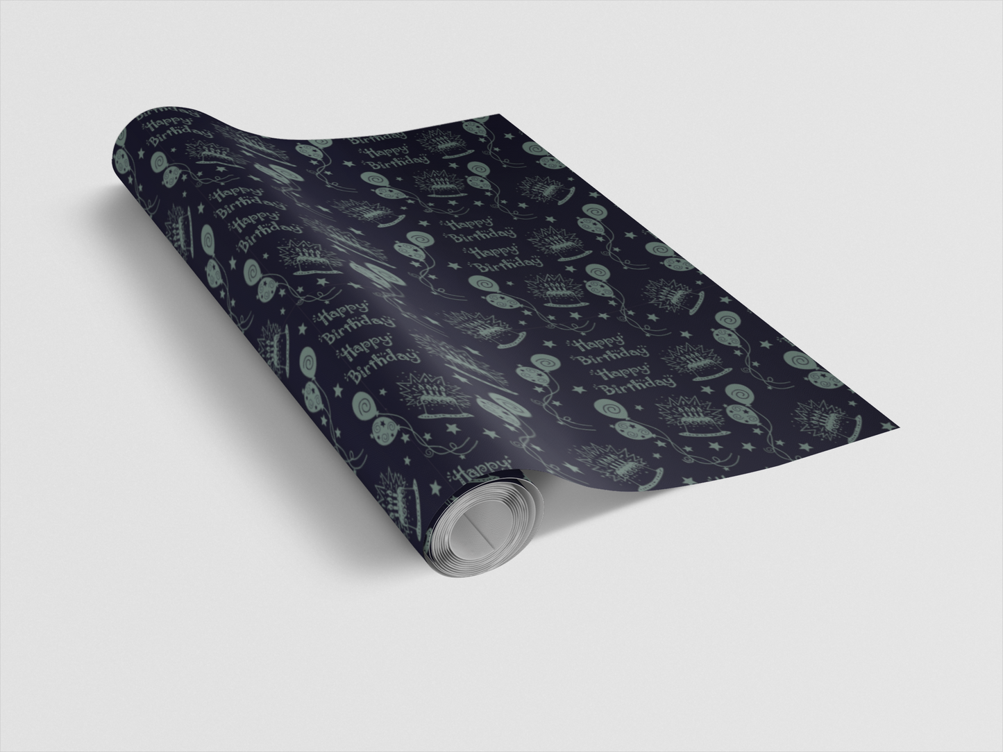 Roll of wrapping paper with festive design on a light gray background
