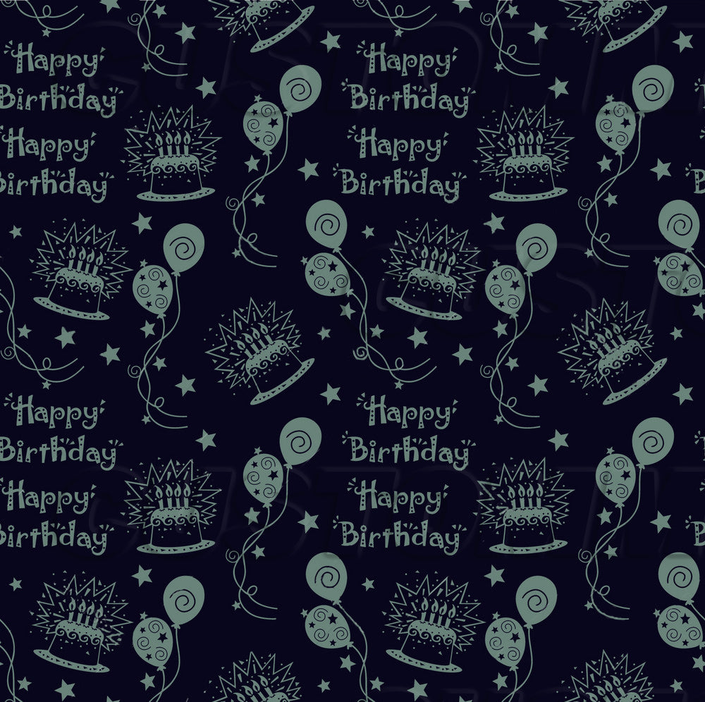 Pattern of 'Happy Birthday' text, cakes, and balloons on a dark blue background