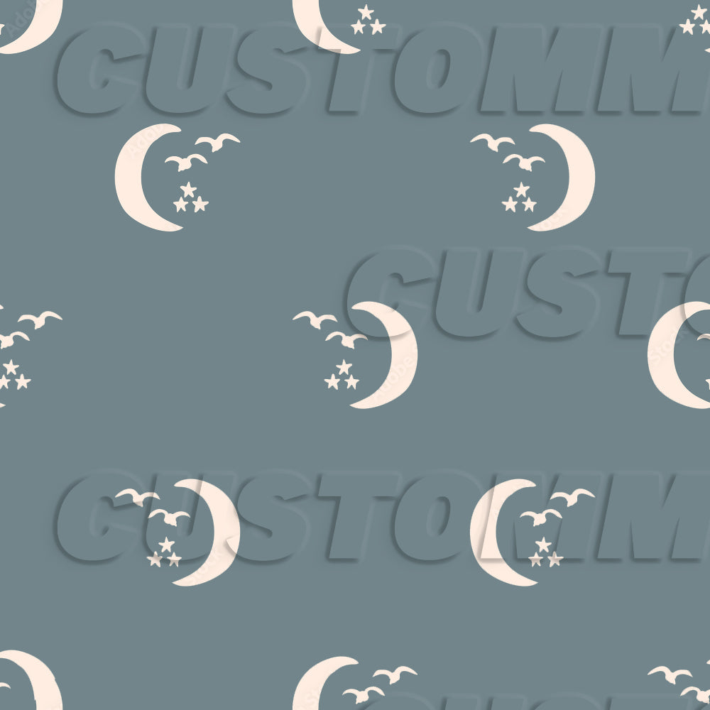 Pattern of crescent moons, stars, and birds on a blue background with 'Gustom' branding.