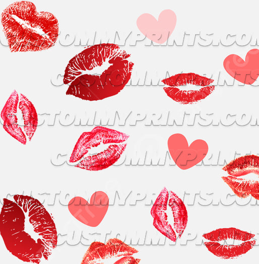 Pattern of red lipstick kisses and pink hearts on a white background with 'CustomPrints.com' watermark.