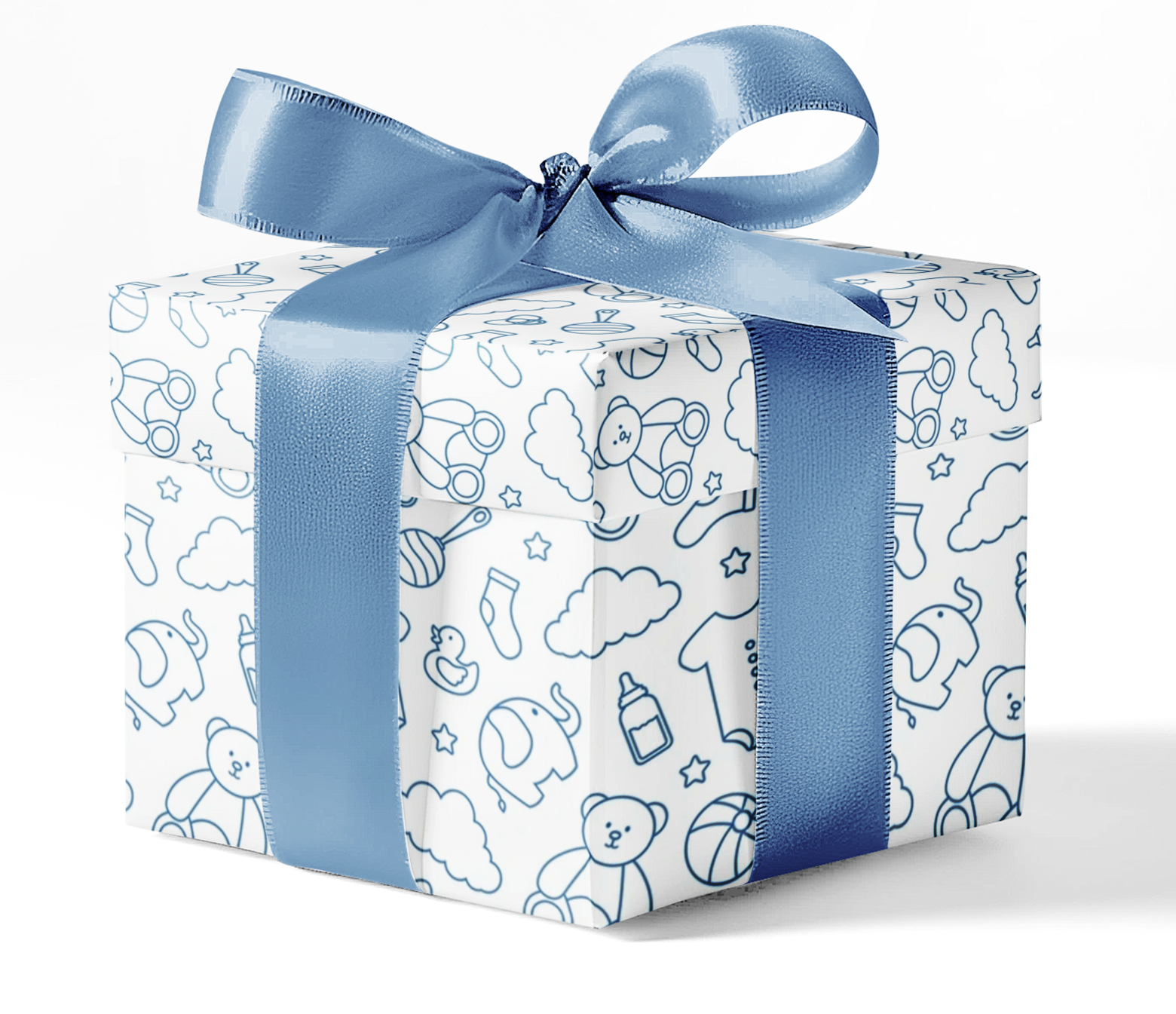 A gift box wrapped in custom wrapping paper with baby-themed patterns, such as bottles and teddy bears, and tied with a blue ribbon.