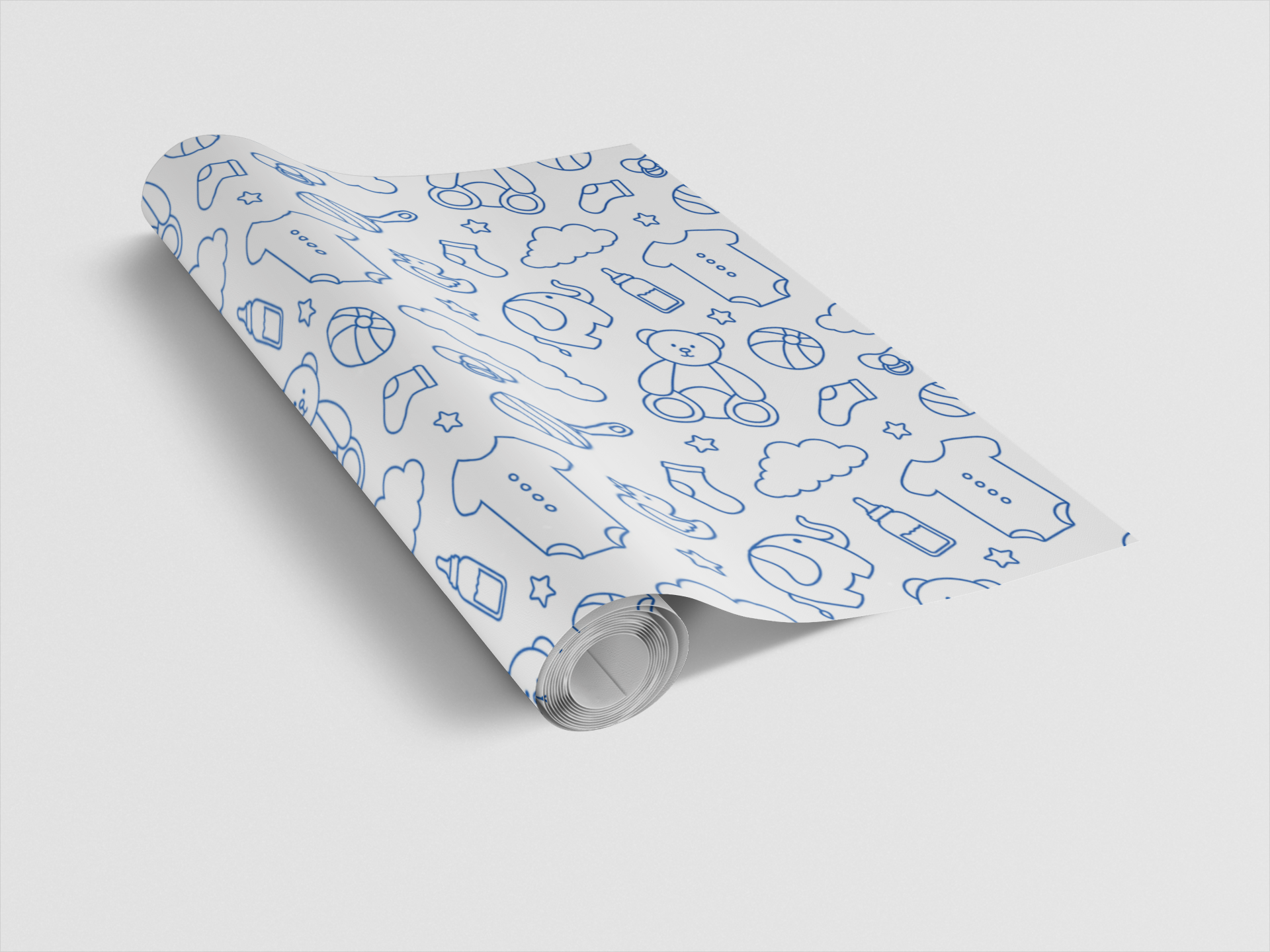 Roll of paper with blue line art patterns on a white background