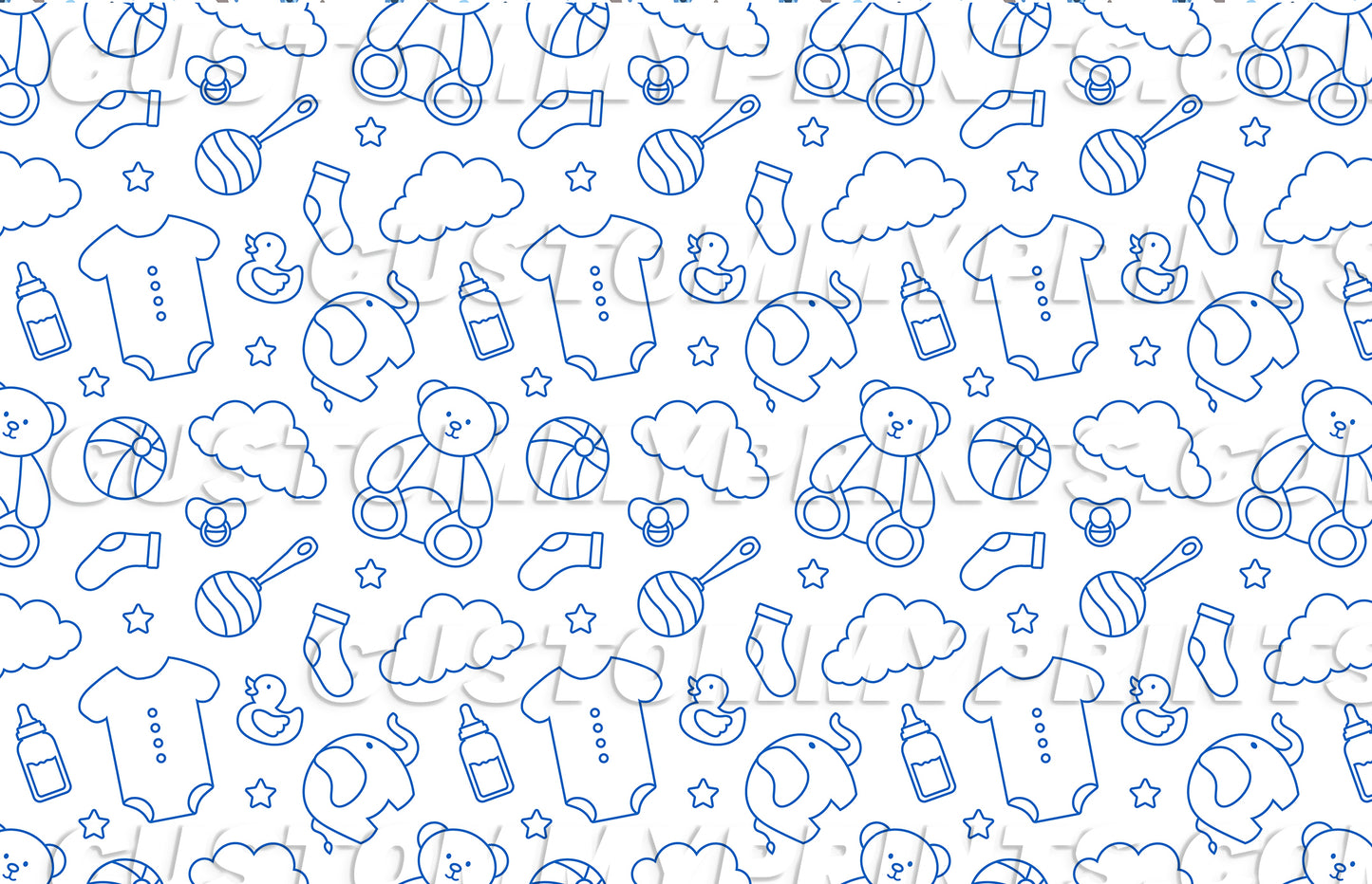 Pattern of baby-related items including teddy bears, toys, and clothing on a white background.