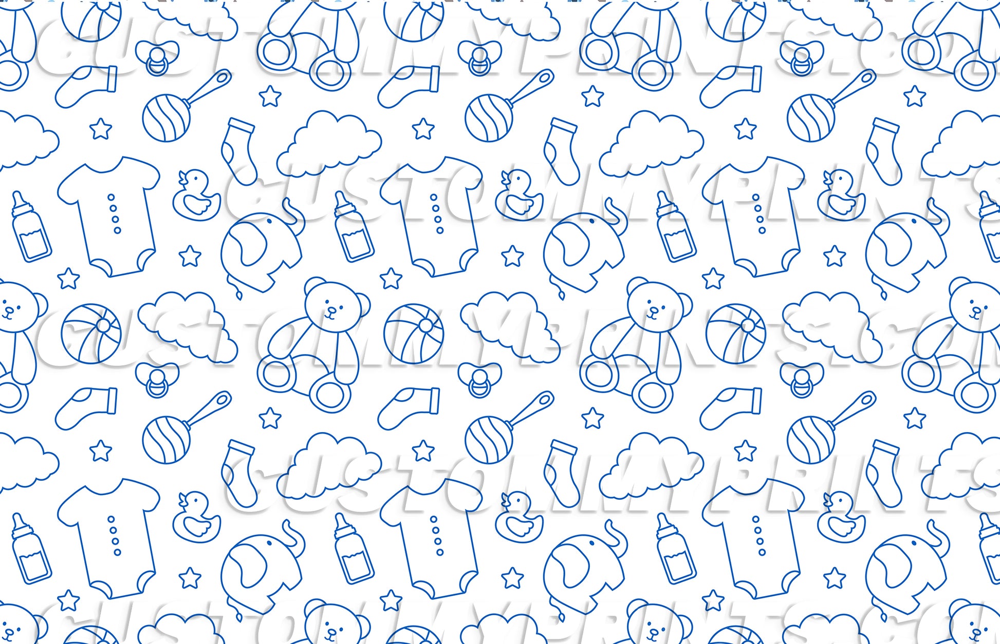 Pattern of baby-related items including teddy bears, toys, and clothing on a white background.