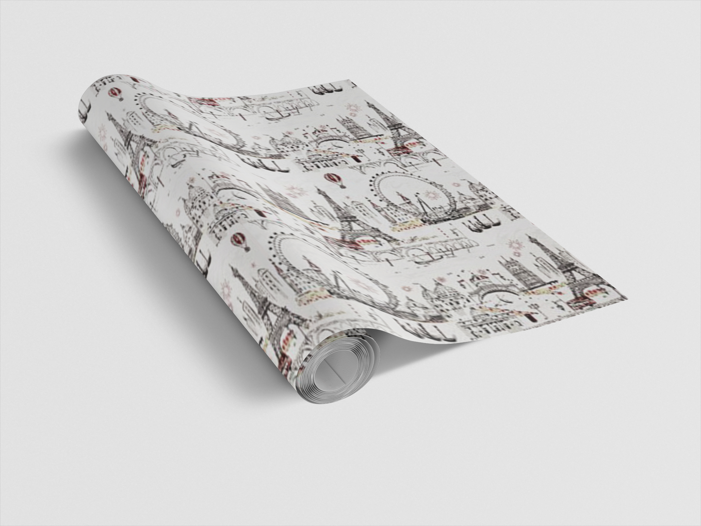 Roll of wallpaper with architectural design on a light gray background