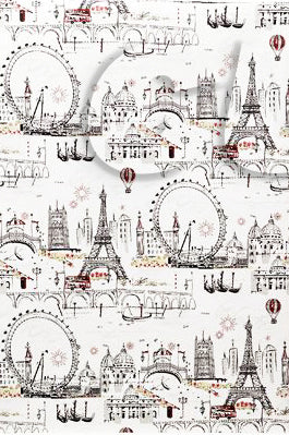 Pattern of world landmarks including the Eiffel Tower and London Eye on a white background.