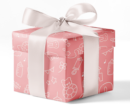 A gift wrapped in pink custom wrapping paper with baby-themed patterns, secured with a white ribbon.