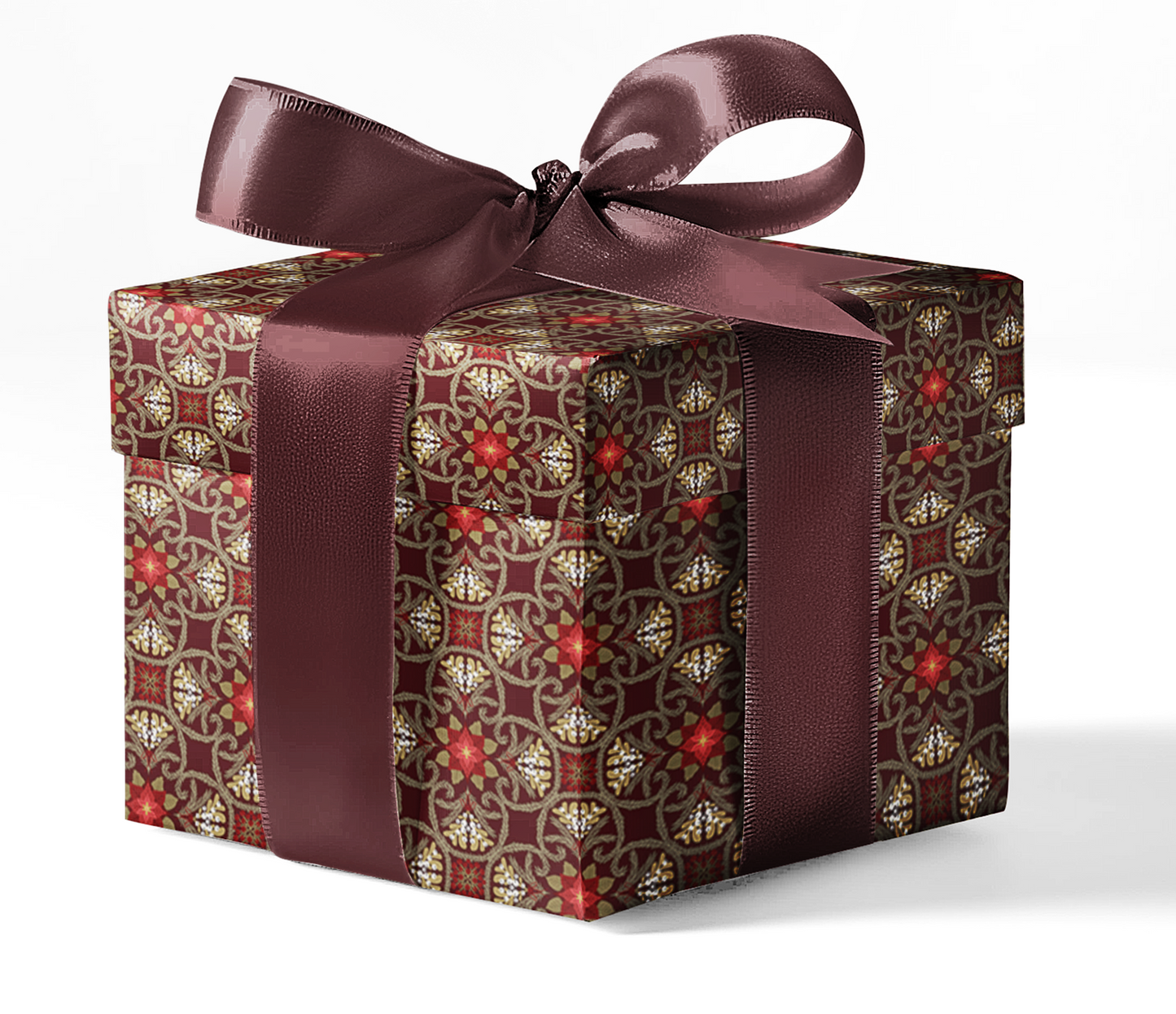 A gift box wrapped in custom wrapping paper with a geometric pattern and a dark ribbon.