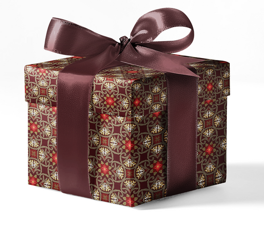 A gift box wrapped in custom wrapping paper with a geometric pattern and a dark ribbon.