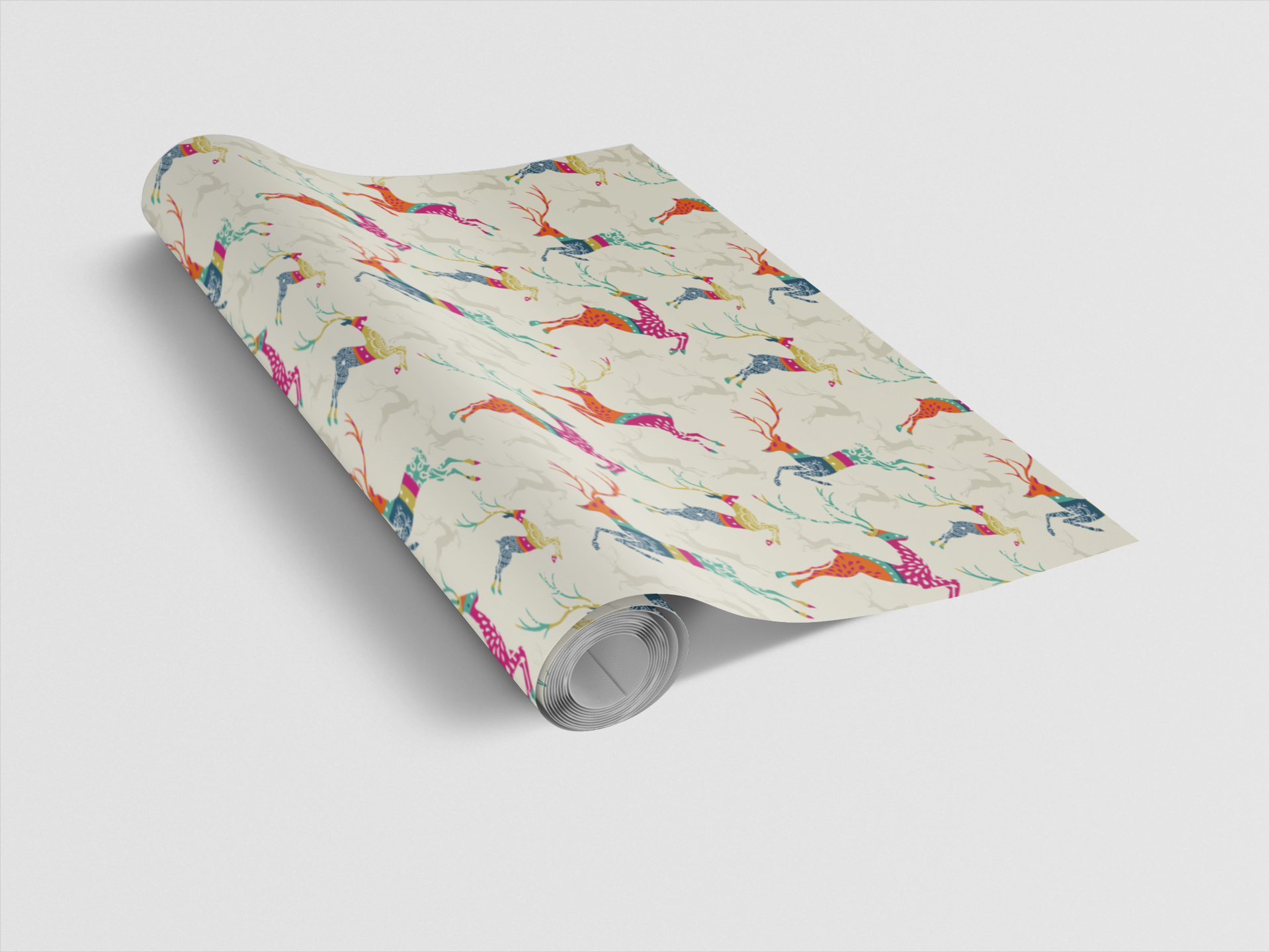 Roll of wrapping paper with colorful pattern on a white background