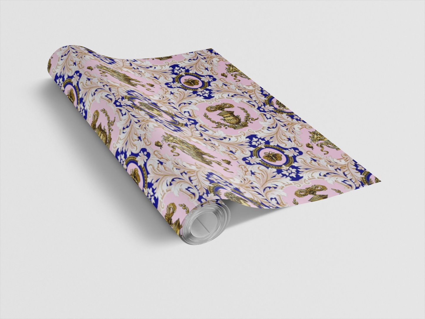 Roll of wallpaper with a floral pattern on a white background