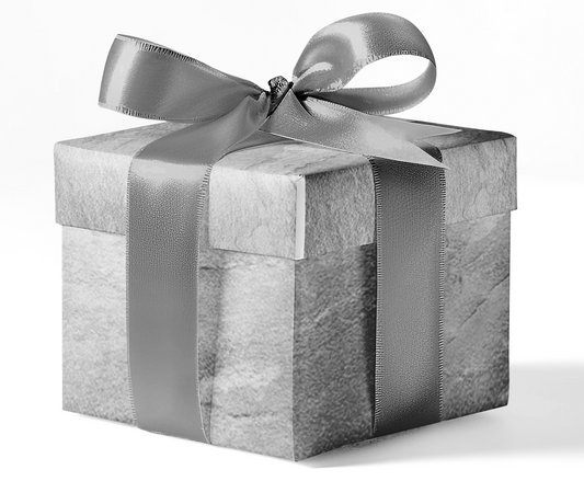 A gift box wrapped in custom wrapping paper with a gray ribbon.