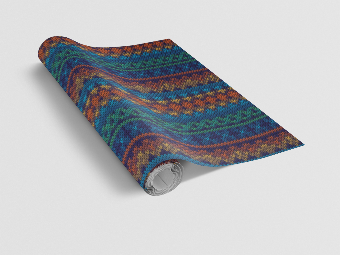 Roll of colorful patterned wallpaper on a light gray background