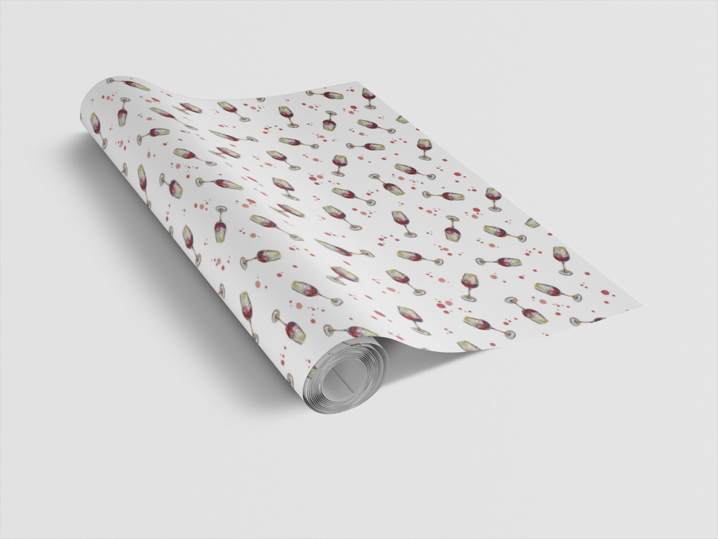 Roll of patterned paper with small illustrations on a light gray background