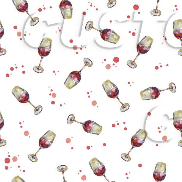 Pattern of wine glasses with red and gold drinks on a white background with red dots.