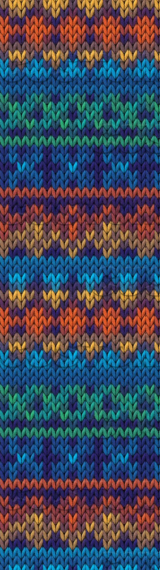 Colorful patterned fabric with a zigzag design in blue, green, orange, and yellow.