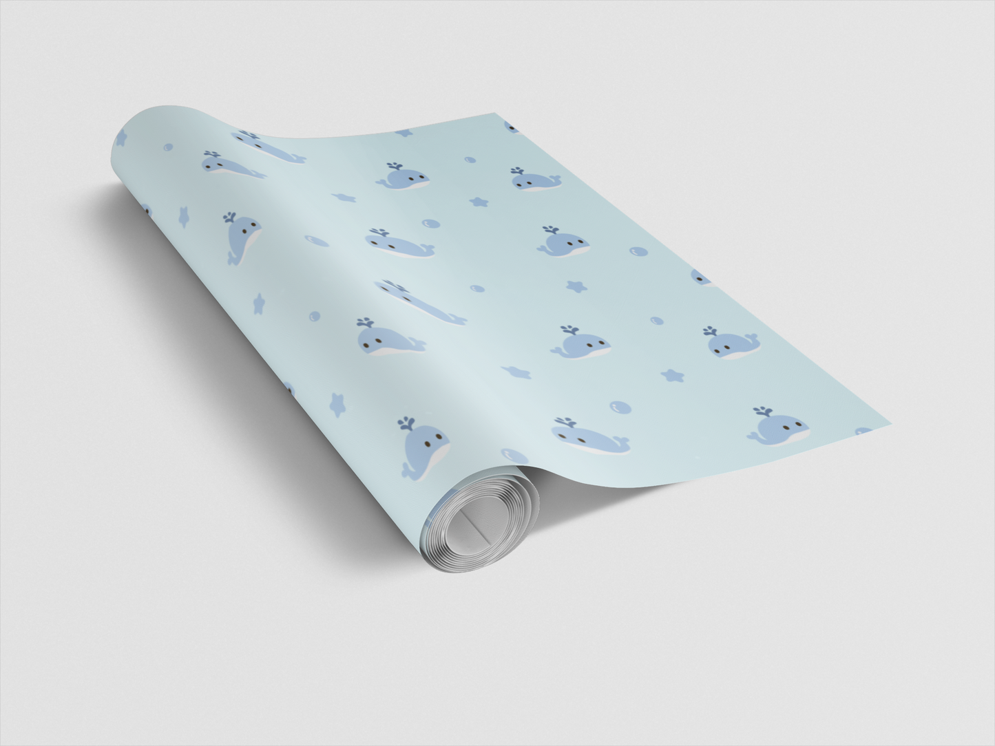 Roll of light blue wrapping paper with animal pattern on a light gray background