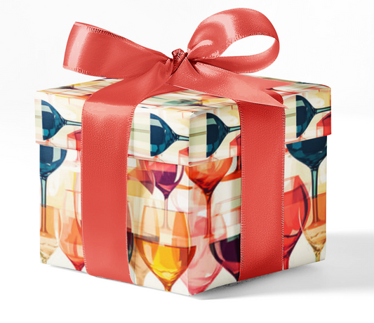 A gift box wrapped in wrapping paper with a pattern of wine glasses, tied with a red ribbon.