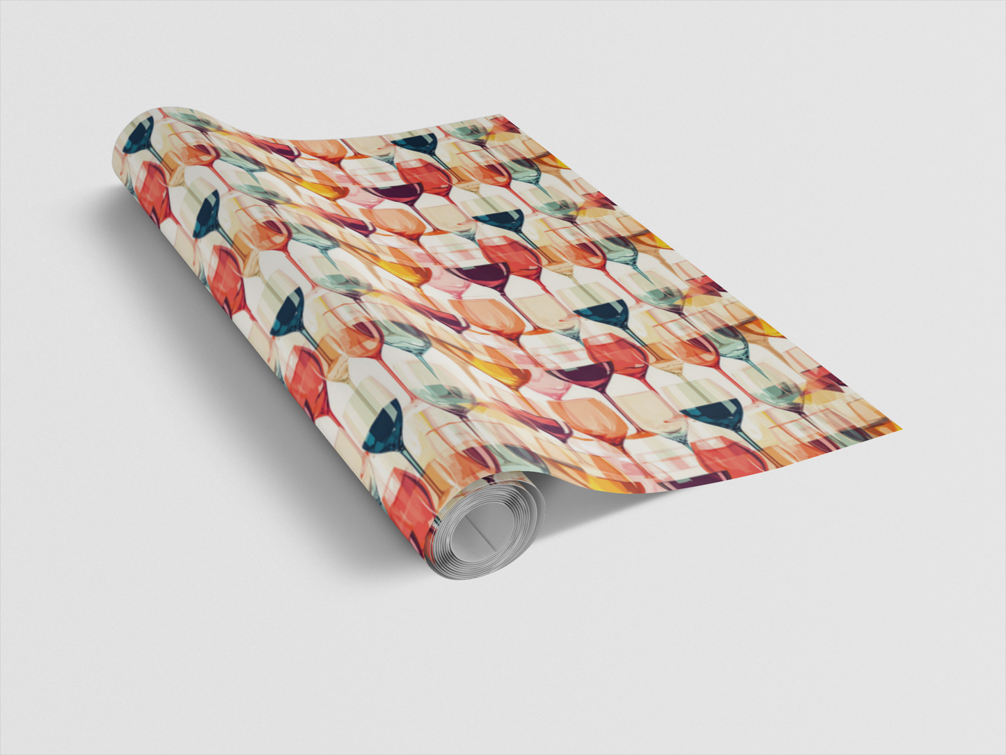 Roll of colorful patterned paper on a white background