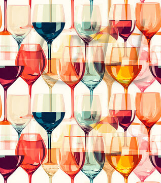 Pattern of colorful wine glasses in various shapes and sizes.