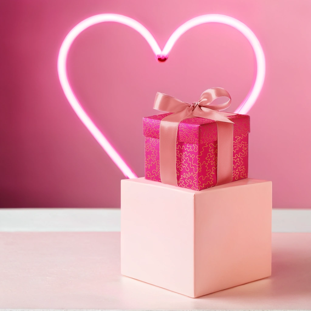 Pink gift box with a bow on a pink platform with a heart-shaped neon light in the background