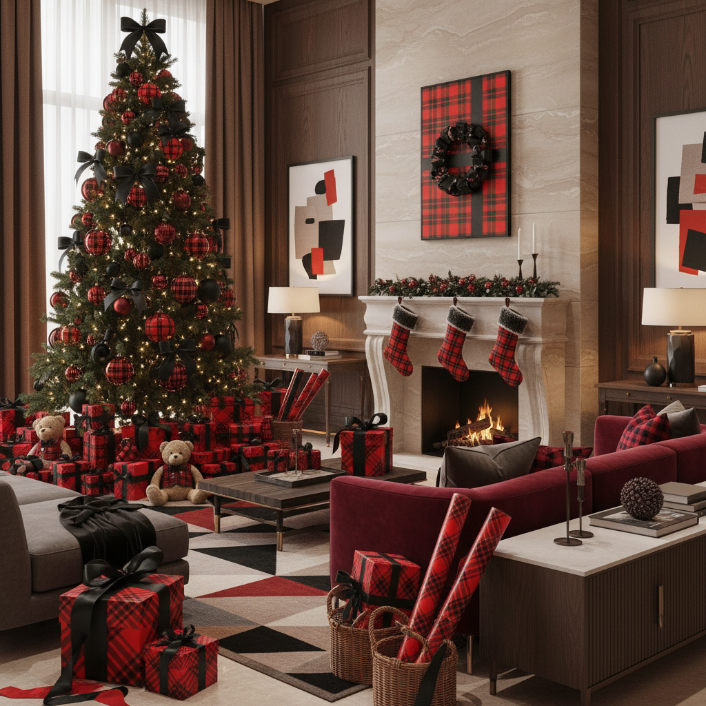 Red and Black Plaid Print Custom Wrapping Paper