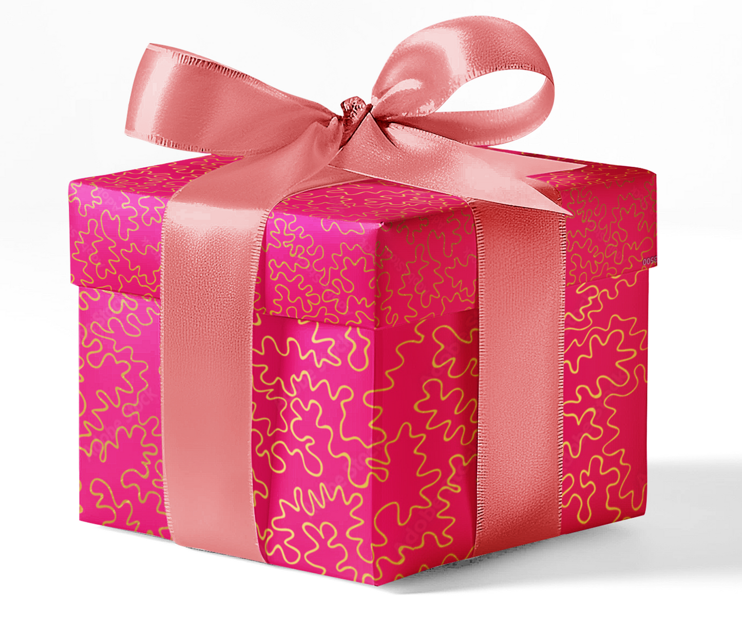 Bright pink gift box wrapped in custom wrapping paper with abstract gold swirl design and tied with a pink satin ribbon – available at CustomMyPrints.com.