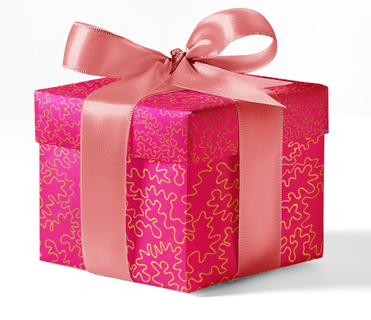 Bright pink gift box wrapped in custom wrapping paper with abstract gold swirl design and tied with a pink satin ribbon – available at CustomMyPrints.com.