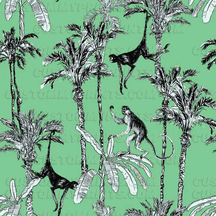Tropical pattern with monkeys, palm trees, and banana leaves on a green background