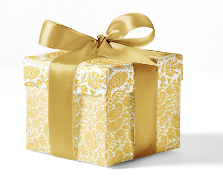 Gift box with gold ribbon on a white background